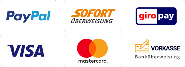 Zahlungsarten: Visa, Mastercard, PayPal, SEPA-Lastschrift, Klarna